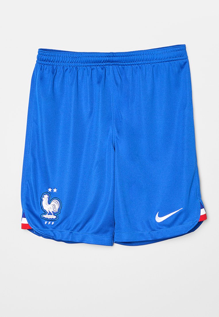Shorts de sport bleus en tissu léger, avec un logo Nike blanc, un emblème de coq, et des accents rouge, blanc et bleu sur les côtés.