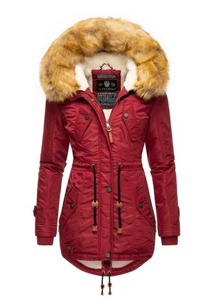 Red parka jacket with a faux fur hood, zip front, drawstring waist, and multiple pockets. Features a soft lining and ribbed cuffs.