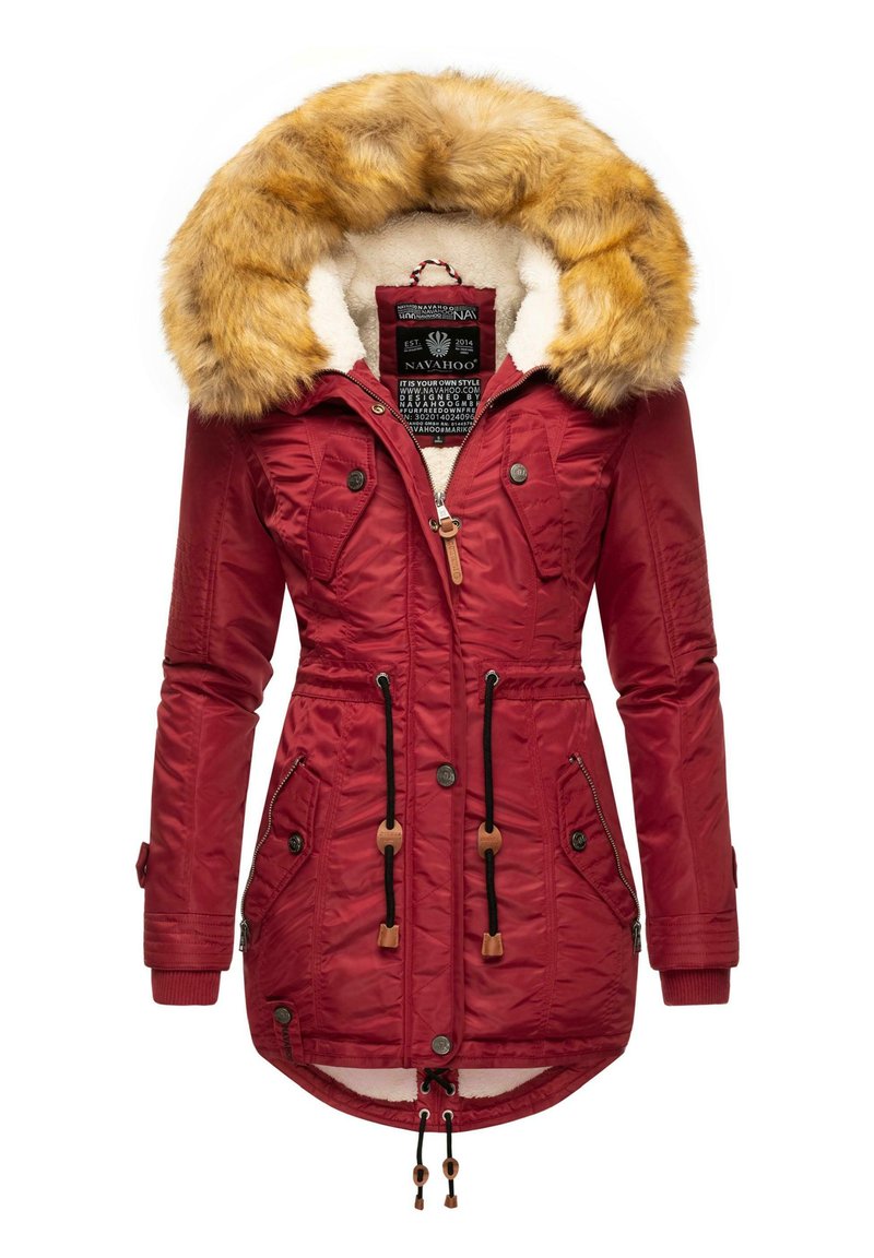 Red parka jacket with a faux fur hood, zip front, drawstring waist, and multiple pockets. Features a soft lining and ribbed cuffs.