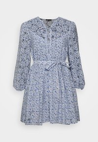 Robe longue à manches longues bleue et blanche à imprimé floral, décolleté en V avec lien, manches bouffantes, taille cintrée et ceinture en tissu assortie.