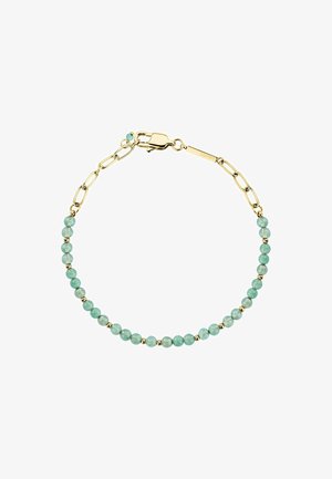 Bracciale in tono oro con perle di turchese, alternate a piccoli accenti dorati. Composto da una catena collegata e assicurato con un moschettone.