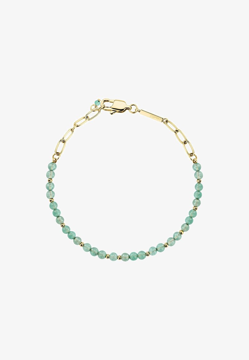 Gouden armband met turkse kralen, afgewisseld met kleine gouden accenten. Bestaat uit een gekoppelde ketting en is beveiligd met een kreeftslot.
