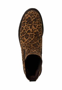 Leopard print ankle boot in brown and black suede, featuring elastic side panels and a rounded toe on a black rubber sole.