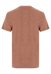 T-shirt à manches courtes dans une couleur rouille chinée, avec un col rond et une texture lisse sans logos ni motifs visibles.
