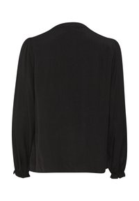 Blusa nera con maniche lunghe leggermente a sbuffo e polsini elasticizzati, texture liscia e scollatura rotonda, con un design a tinta unita.
