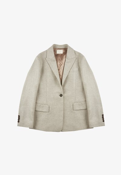 Hellgrauer Blazer aus strukturiertem Stoff, mit Reverskragen, zwei vorderen Taschen und braunen Knöpfen an den Ärmeln. Sichtbares Satin-Innenfutter.