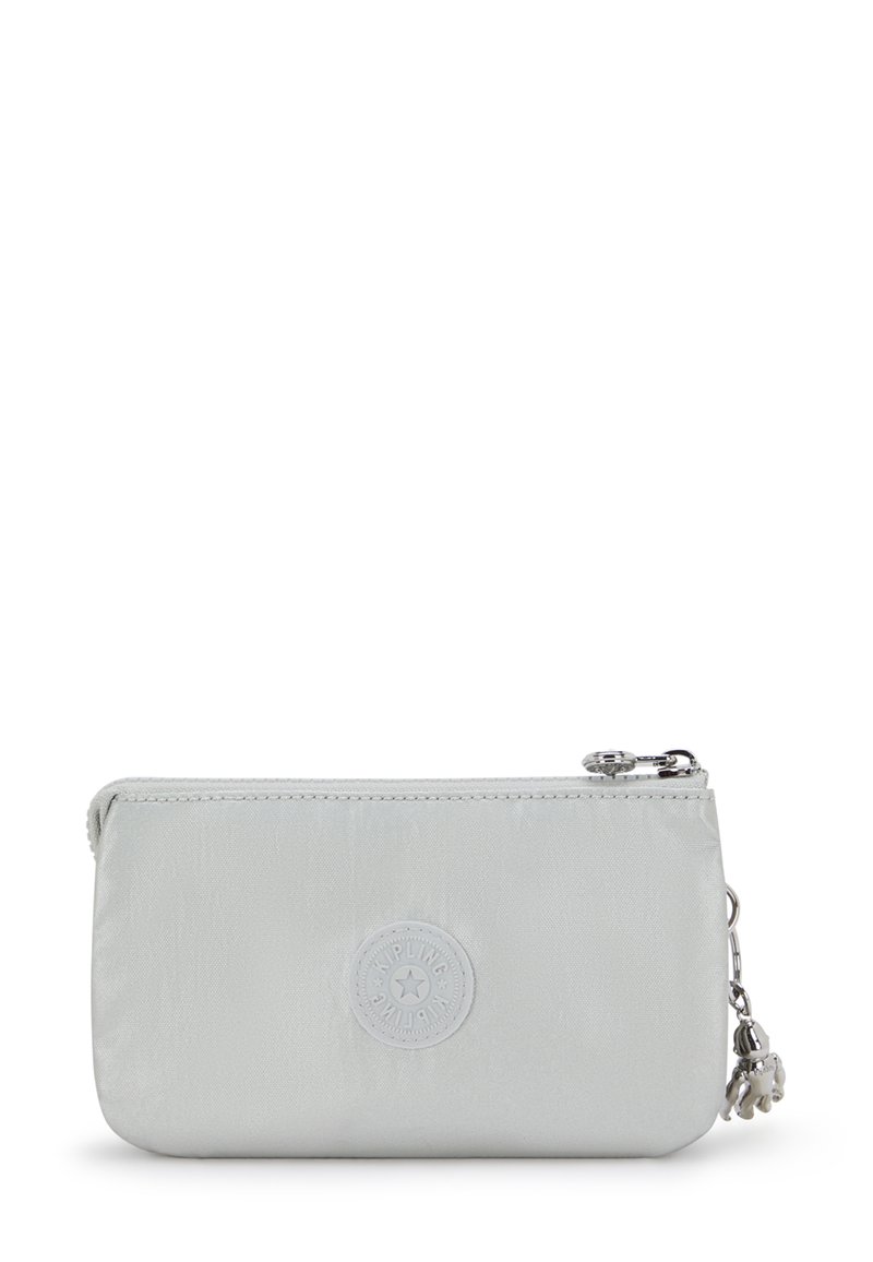 Light gray zippered pouch made of smooth material. Features a circular logo and a silver charm attached to the zipper. Slim rectangular shape.