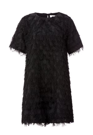 Black dress with short sleeves, featuring a textured design of layered feathers and circular accents throughout the fabric.