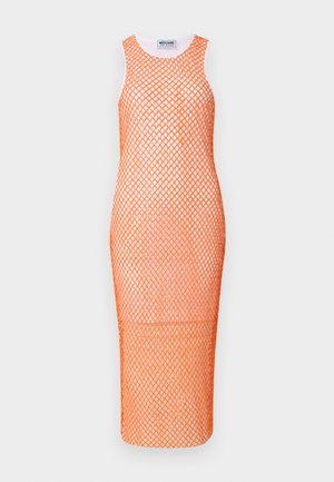 Orange mesh dress with a form-fitting silhouette, sleeveless design, and diamond pattern throughout. Label visible at the neckline.