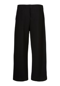 Zwarte broek met wijde pijpen gemaakt van een zachte, gladde stof. Heeft een hoge tailleband met plooien en een rechte silhoeët tot aan de enkel.