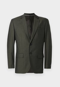 Dunkelgrüner Blazer aus strukturiertem Stoff. Verfügt über zwei Knöpfe, Reverskragen und zwei Fronttaschen. Futter ist dunkel.