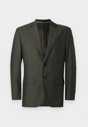 Blazer vert foncé en tissu texturé. Comprend deux boutons, des revers crantés et deux poches avant. La doublure est sombre.