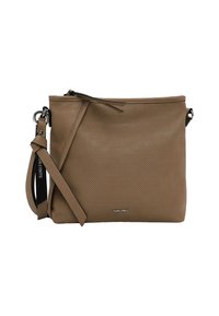 Perforated tan leather shoulder bag with a zip closure, adjustable strap, and metallic hardware. Features a logo accent on the front.
