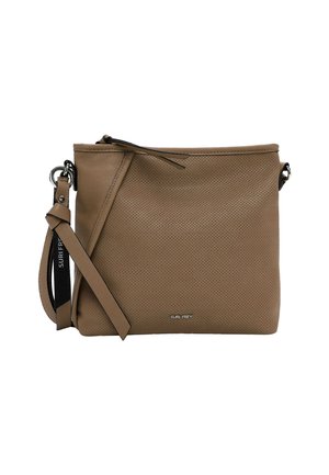 Perforated tan leather shoulder bag with a zip closure, adjustable strap, and metallic hardware. Features a logo accent on the front.