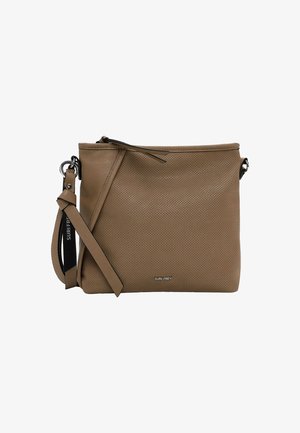 Gepenetreerde tan lederen schoudertas met een ritssluiting, verstelbare schouderband en metallic hardware. Voorzien van een logoaccent aan de voorkant.