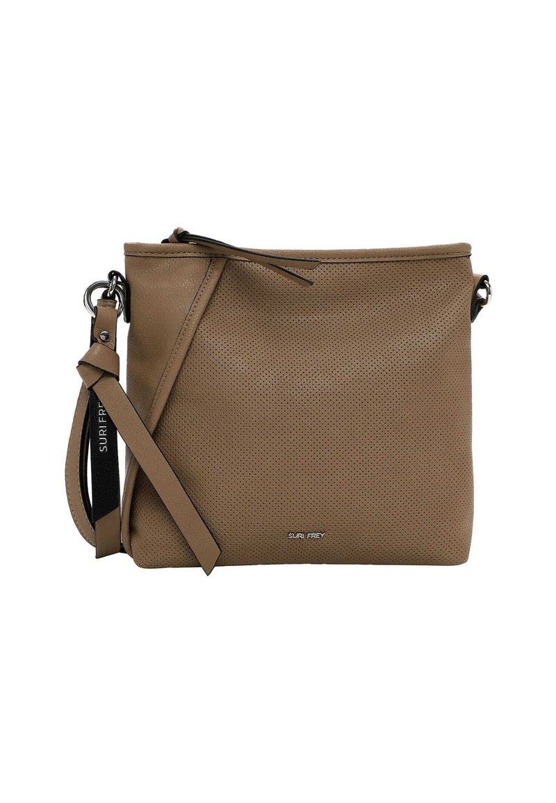 Perforated tan leather shoulder bag with a zip closure, adjustable strap, and metallic hardware. Features a logo accent on the front.