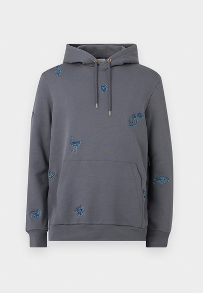 Γκρι φούτερ με κουκούλα και τσέπη μπροστά, με μπλε κεντητά σχέδια ζώων, φυτών, ενός σκελετού ψαριού και μιας κάμερας.