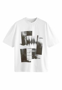 White cotton t-shirt featuring a graphic design in black and gray, with abstract shapes and text patterns printed on the front and back.