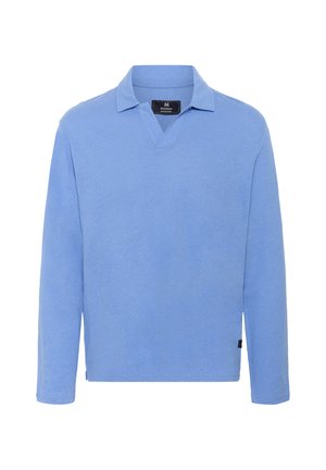 Light blue long-sleeve pullover with a V-neck and flat collar. Soft, textured fabric. Small logo tag on the left side near the hem.