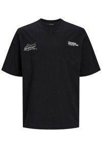 Schwarzes Baumwoll-T-Shirt mit kurzen Ärmeln, einem runden Ausschnitt und weißen Grafikdrucken von Architektur auf der Vorder- und Seitenseite.