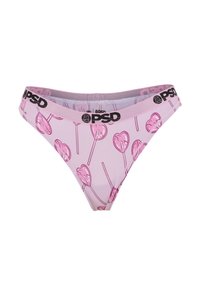 Culotte de bikini rose pour femme avec motif sucette en forme de cœur et logo PSD noir sur la ceinture