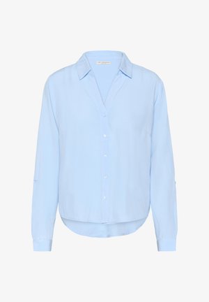 Šviesiai mėlyna ilgomis rankovėmis bluzonė su mygtukų priekiu, iškirpte ir pasukamomis rankovėmis. Minkšta medžiaga, kreivės apatinė dalis ir viena krūtinės kišenė.