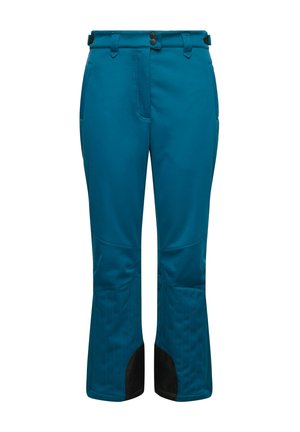 Pantaloni da sci impermeabili color teal con taglio dritto, accenti neri nella parte bassa, due tasche frontali e cintura regolabile con chiusure a bottone.