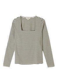 Langärmliges Oberteil mit quadratischem Ausschnitt, aus einem weichen Stoff gefertigt. Hat horizontale Schwarz-Weiß-Streifen, eine lockere Passform und keine Verzierungen.