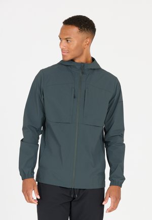 Dark green lightweight jacket with a hood, zippered front, and two chest pockets. Features elastic cuffs and a sleek, minimalist design.