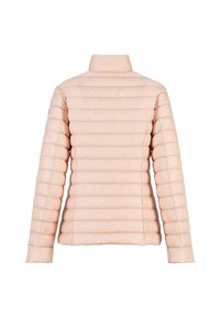 Polstret jakke i lys rosa med høj krave, der har et quiltet design og lange ærmer. Glat tekstur og lynlåsdetalje.
