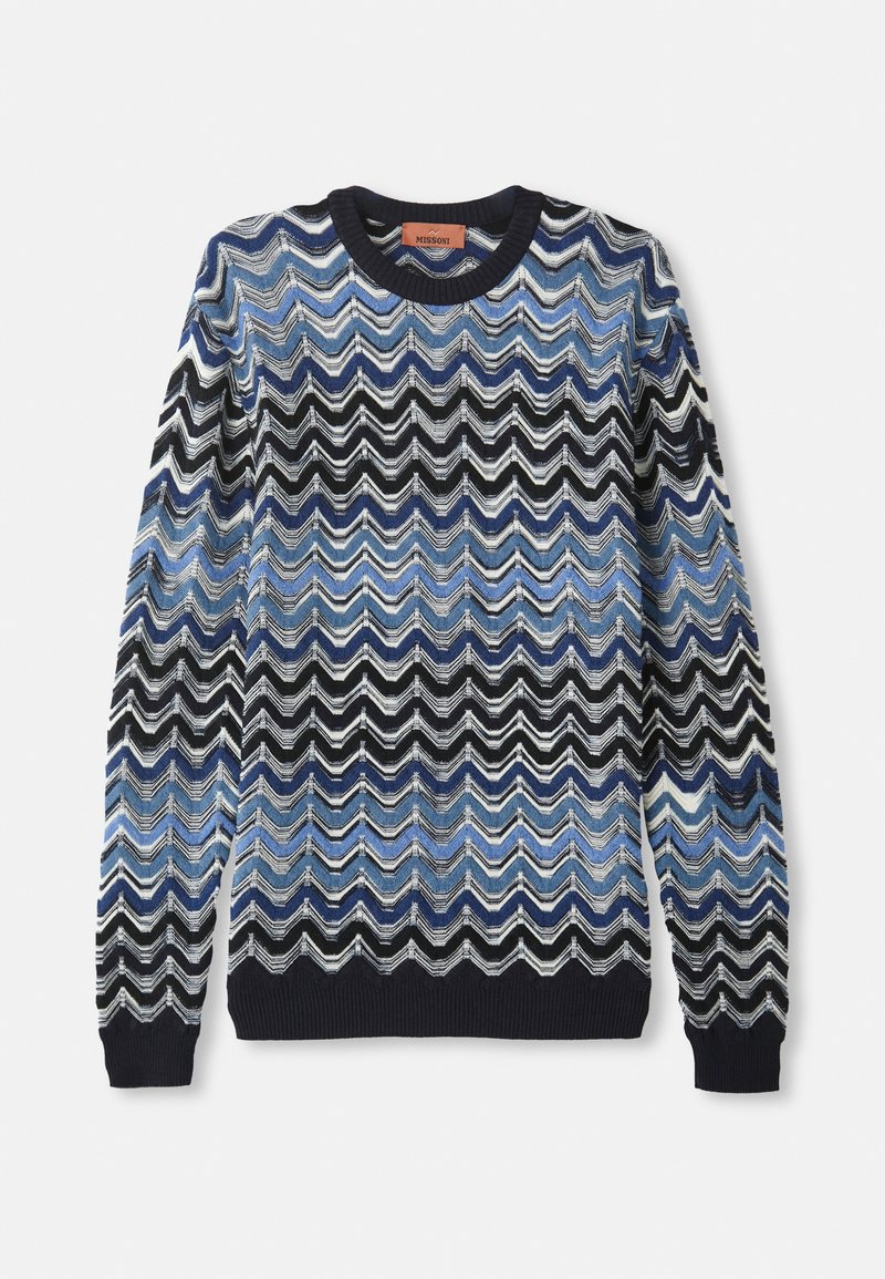 Gebreide trui met een zigzagpatroon in tinten blauw, zwart en wit. Ronde halslijn met geribde manchetten en zoom. Zachte textuur.
