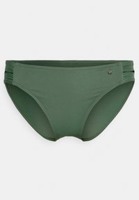 Green bikini bottom made from smooth fabric. Features gathered side details and a small metal logo accent. Classic brief style.