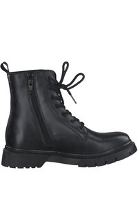 Bottines en cuir noir avec un bout rond, des lacets à l'avant et une fermeture éclair sur le côté. Semelle en caoutchouc épaisse avec un motif texturé pour une meilleure adhérence.