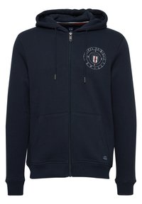 Sweat-shirt zippé bleu marine en mélange de coton, avec un logo sur le devant, deux poches latérales, une capuche avec cordon de serrage et des manches et ourlet côtelés.
