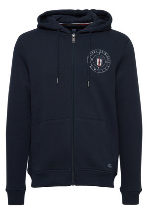Sudadera con cremallera en color azul marino, fabricada en una mezcla de algodón, con un logo frontal, dos bolsillos laterales, capucha con cordón y puños y dobladillo acanalados.