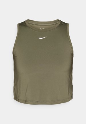 Maslinasto zelena, bezrukava crop top majica od glatkog, rastezljivog materijala; sadrži mali bijeli Nike logo na prsima.
