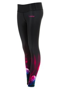 Zwarte leggings met een hoge tailleband, voorzien van een kleurrijk geometrisch patroon in roze, blauw en paarse kleurverloop op de onderbenen.