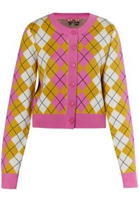 Zkrácený cardigan v žluté, bílé a růžové argyle. Má růžové knoflíky a vroubkované manžety. Vyrobeno z měkkého pleteného materiálu.
