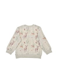 Hellgrauer Sweatshirt mit einem von der Natur inspirierten Muster aus Rehen, Rehkitz und floralen Elementen. Gerippte Bündchen und Saum. Weiche Textur.