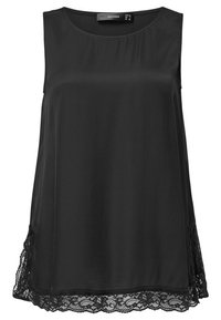 Svart ärmlös topp med en slät, blank yta och spetskant vid nederkanten. Har rund halsringning och avslappnad passform.