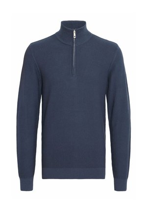 Suéter de punto azul marino con un alto cuello y cierre de media cremallera. Presenta puños y dobladillo acanalados, con un patrón de superficie texturizado.