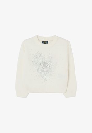 Maglione bianco lavorato a maglia con scollatura rotonda, caratterizzato da un design a forma di cuore in strass e una finitura testurizzata.