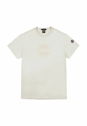 T-shirt in cotone beige chiaro con logo rotondo "COLMAR" al centro, maniche corte e toppa con marchio sulla manica sinistra.