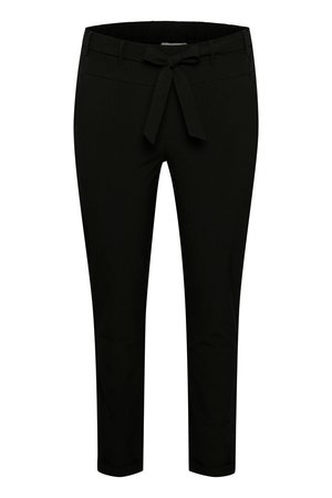 Black trousers made of soft fabric, featuring a fitted design and a waist tie. Smooth texture with straight legs and no additional embellishments.