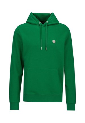Grüner Kapuzenpullover mit Kängurutasche vorne, Kordelzugkapuze und kleinem weißem Logopatch auf der linken Brust.