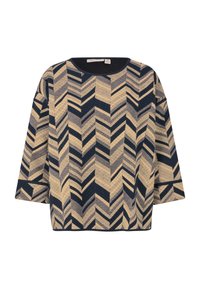 Sweter z wzorem w odcieniach beżu i granatu, z motywem chevron. Rękawy o średniej długości i okrągły dekolt. Miękka tekstura w luźnym kroju.