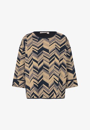 Sweter z wzorem w odcieniach beżu i granatu, z motywem chevron. Rękawy o średniej długości i okrągły dekolt. Miękka tekstura w luźnym kroju.