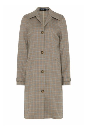 Brun ternet knælængde frakke med lange ærmer, krave, knaplukning og manchetstropper.