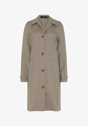 Brown plaid knee-length coat with long sleeves, collar, button closure, and cuff straps.