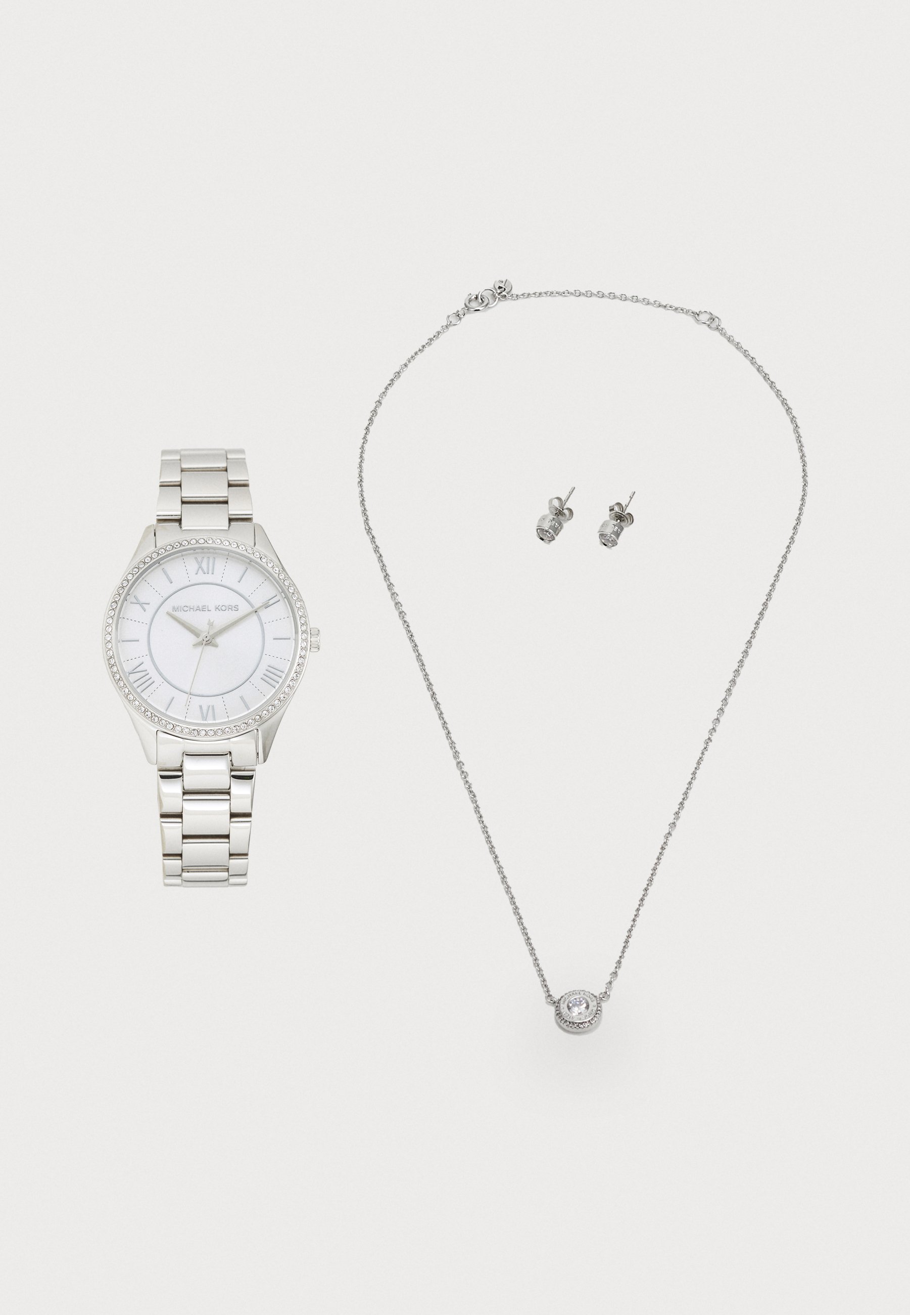 NEW! MICHAEL KORS Mini Lauryn Silver Watch and Jewelry Set- Necklace Earrings. Amazon.com: Michael Kors Women main image 2